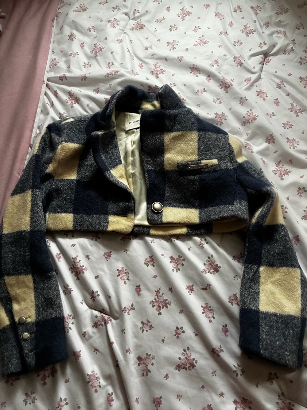 Plaid Wool-Blend Cropped Blazer in Blue & Cream - D Detail